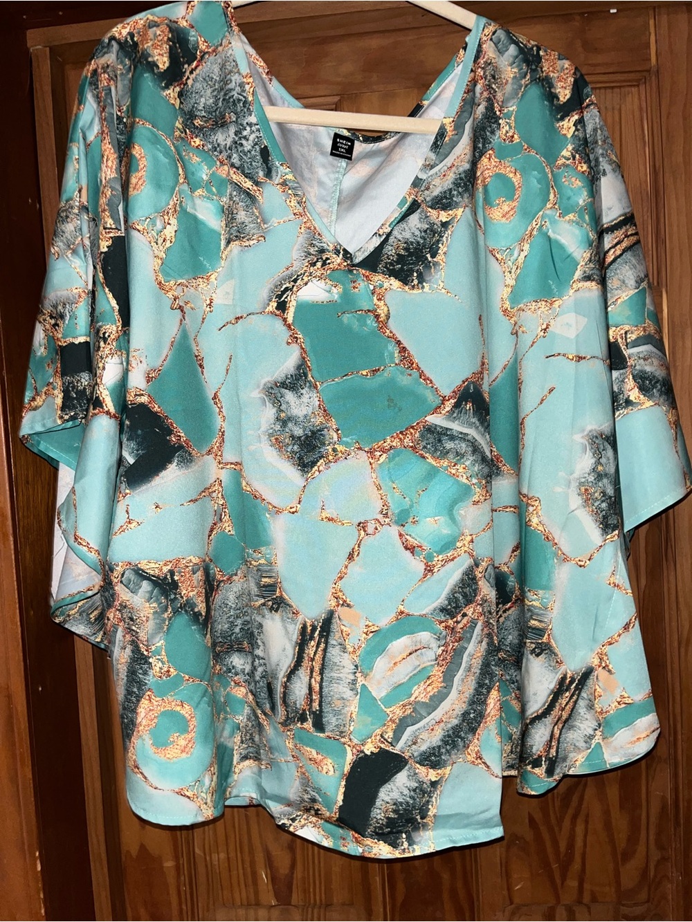 SHEIN Teal Marble-Print V-Neck Tunic with Metallic Accents